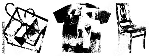 Black and white vector art with abstract shapes, t shirt, chair, halftone & grunge., high contrast, graphic design.