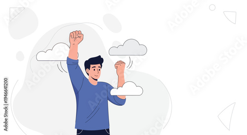 Man celebrating success with fists in the air, surrounded by clouds