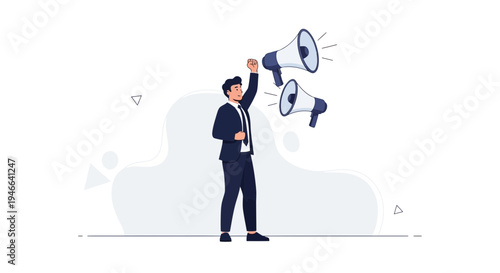 Businessman with Megaphones Announcing News, Business Promotion, Marketing Strategy