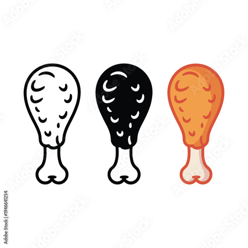 Set of fried chicken leg icons, crispy golden drumsticks in vector style, isolated on white background, fast food and snack concept, simple line and flat design for menu, restaurant, and culinary