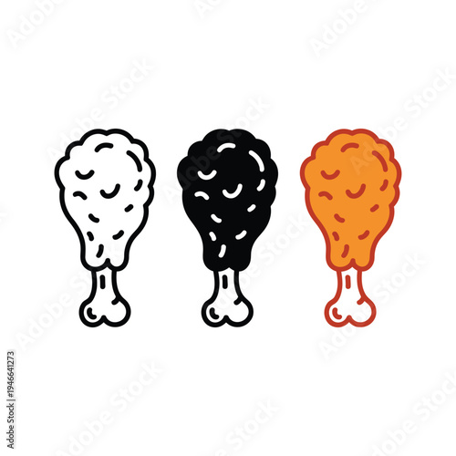 Set of fried chicken leg icons, delicious breaded chicken drumsticks in vector format, isolated on white background, appetizing fast food symbols for digital menus, food apps, and restaurant branding.