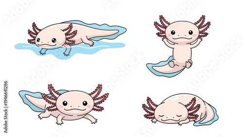 Cute Cartoon Axolotl Poses Set. Adorable Pink Amphibian Character Illustration: Swimming, Standing, Crawling, Sleeping.