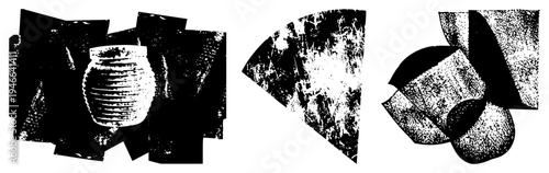 Graphic composition of layered abstract forms in halftone style, vector design, fragmented shapes, textured, modern art abstraction.