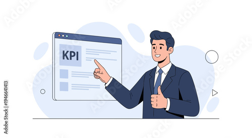 Businessman pointing at KPI dashboard on screen, giving thumbs up