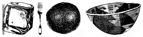 Classic halftone illustration of food and utensils, vector graphic, isolated objects, stylized dining elements, rustic tableware, textured surfaces.