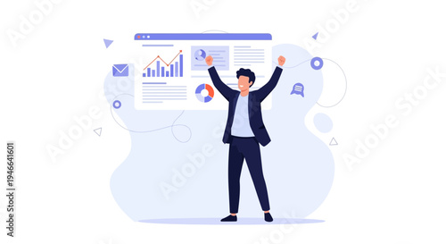 Successful businessman celebrating financial growth and data analysis success