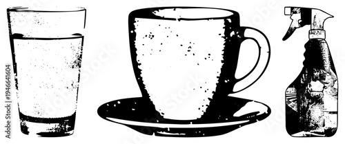 vector illustration of drinkware and cleaning product, halftone texture, minimalist design, isolated objects, beverage and hygiene essentials.