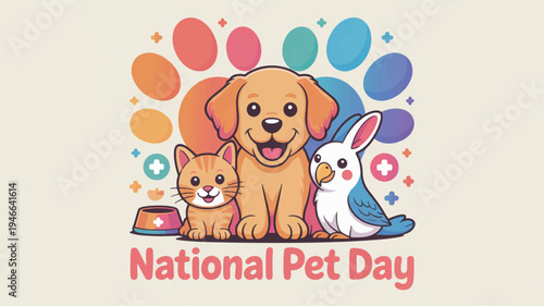 Vibrant illustration of dog cat and rabbit celebrating national pet day with colorful background
