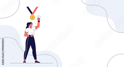 Woman celebrating victory with a gold medal, fitness achievement, success concept