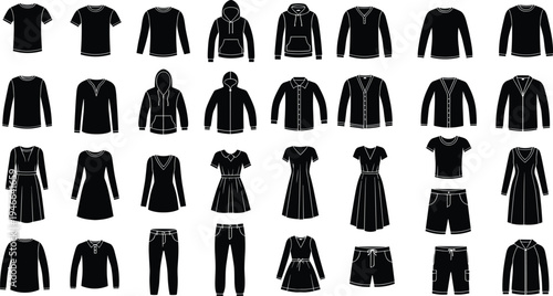 clothing silhouette collection set, fashion apparel icons pack, shirts jackets dresses pants shorts vector, wardrobe garment illustration