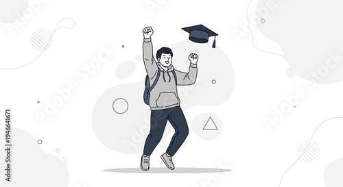 Happy student celebrating graduation with mortarboard toss, jumping for joy, success concept