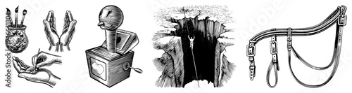 Classic artist brushes in ornate jar, hand gestures for drawing, mechanical bird toy, cliffside rope climber, leather harness all rendered in detailed art.