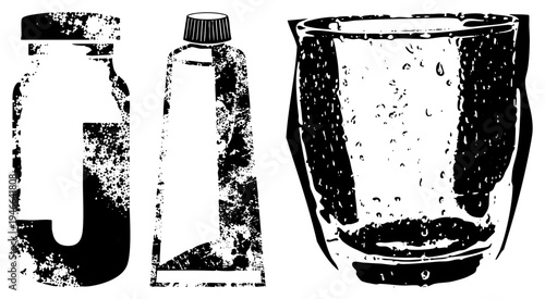Retro style glass jar with lid, paint tube with cap, and water glass with condensation, rendered in high contrast halftone texture. Artistic vector illustration with distressed grain.