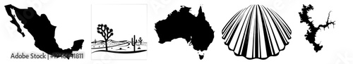Mexico map, Joshua tree desert scene, Australia continent, scallop, jagged silhouette all in minimalist vector art, ideal for design or print.