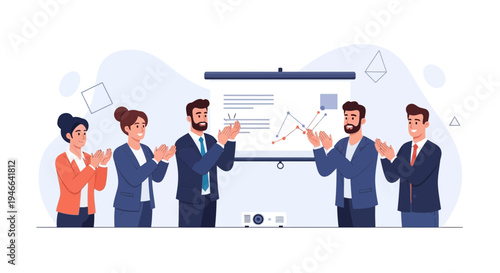 Business team applauding success at presentation with charts on screen
