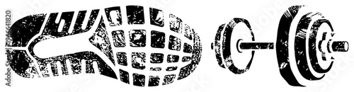 Athletic shoe tread and barbell weights, fitness symbols, gym equipment, workout, black and white grunge design, exercise.