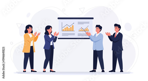Business team applauding during a successful presentation with charts on screen
