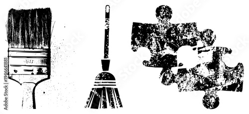 Artistic tools and puzzle fragments rendered in gritty black and white vector style, cleaning implements and assembly metaphors, distressed texture, symbolic.