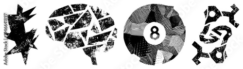 Black and white vector featuring fragmented brain, eight ball, and abstract forms with halftone textures, graphic design elements, isolated symbols.
