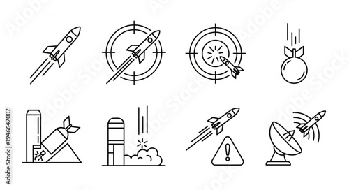 Rocket and Missile Icons Set Military Warfare Symbols.