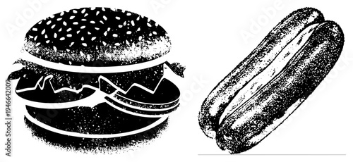 Black and white halftone illustrations of burger and hot dog, fast food, graphic design elements, food vector art, stylized meal graphics.