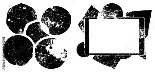 Distressed black circular fragments, textured graphic elements, digital tablet, vector art, glitch style, retro design, isolated foreground.