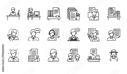 Administrative Clerk Line Icon Set Office Staff Workflow Vector Illustration
