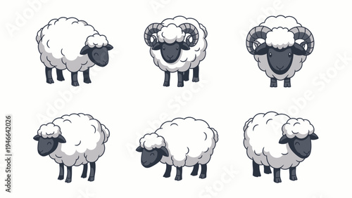Cartoon Sheep and Ram Set with Different Poses. Cute Farm Animal Vector Illustration Collection.