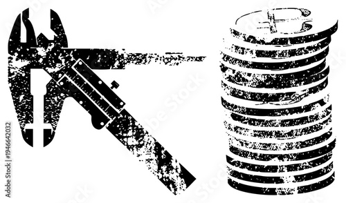 Measurement tool assessing coin pile, precision instrument, financial calculation, grunge vector, budget analysis, monetary value, engineering scale.