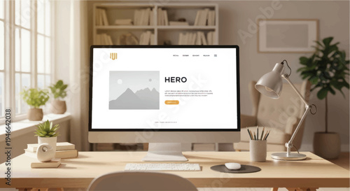 Modern office desk with computer displaying a website and a lamp