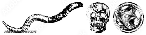 Black and white vector illustrations featuring a segmented worm, stylized skull, and circular design, rendered with halftone textures and bold for graphic design use.