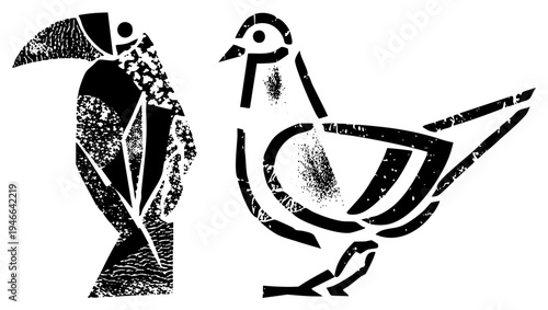 Graphic birds with textured fills, toucan with curved beak, pigeon in flight, vector art, urban wildlife, stylized avian design.