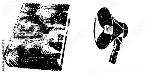 Stylized halftone book and megaphone, graphic design elements, vintage print aesthetic, vector illustration, communication symbols.