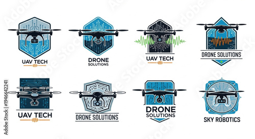 Collection of drone technology logo designs featuring modern and futuristic aesthetics.