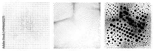 Halftone dot composition forming gradients and dense clusters, minimalist vector art, geometric abstraction, design, digital.