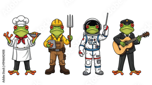 Diverse Cartoon Frogs in Professional Attire: Chef, Builder, Astronaut, Musician Characters