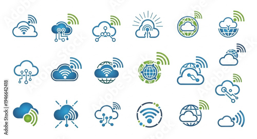 Collection of Cloud Computing and Wireless Connectivity Icons.