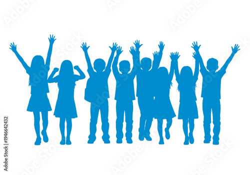 A group of happy kids raising hands together. Vector silhouettes.