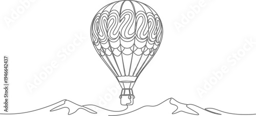 A beautiful minimalist line art illustration of a hot air balloon floating gracefully above a mountain range. The design features intricate patterns on the balloon and clean, flowing lines for the rug
