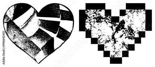 Cracked heart in halftone and pixelated styles, digital art, vector illustration, emotional symbol, graphic design element, isolated foreground.
