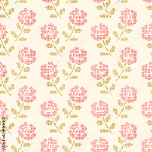Seamless vector pattern with cross stitch embroidery rose in soft spring colors. Pixel lace hand-made floral background. Vintage cottagecore needlecraft wallpaper design