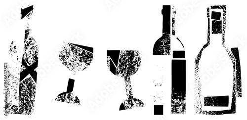 Alcohol bottle and glass with distressed texture, cocktail bar symbols, vintage drinkware, halftone graphic, bar counter decor, alcohol beverage.