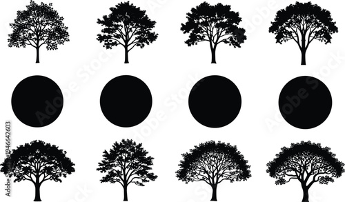 Tree silhouette icon set, forest nature tree collection, botanical woodland plant vector elements for landscape design isolated background