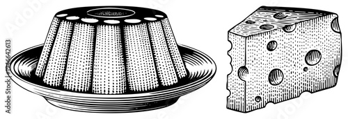 Classic dessert and cheese rendered in dot, retro food art, culinary sketch, vector, dotted texture, vintage style, food illustration.