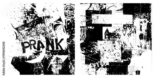 Bold stencil graffiti word "PRANK" amid fragmented urban textures, street art chaos, spray paint effect, urban vandalism, punk aesthetic.