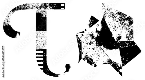 Bold typographic letter T with distressed texture, abstract geometric, graphic design element, vector art, modern stencil style.