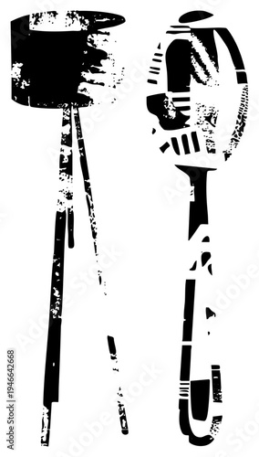 Retro equipment silhouettes, drum kit and mic, stage performance gear, music studio, black and white vector art.