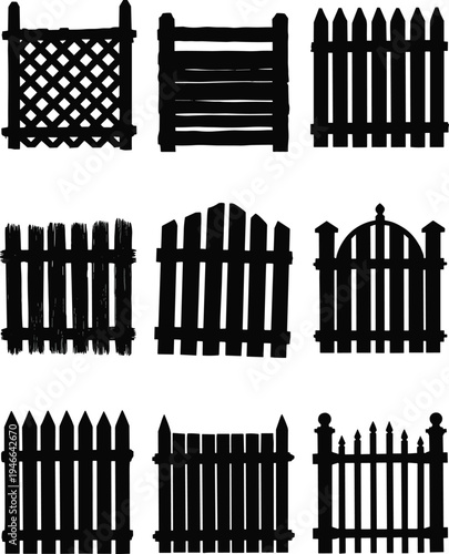 Hand drawn black silhouette collection of various wooden garden fence types including picket, lattice, trellis, and rustic farm styles isolated on a white background for landscape design elements.