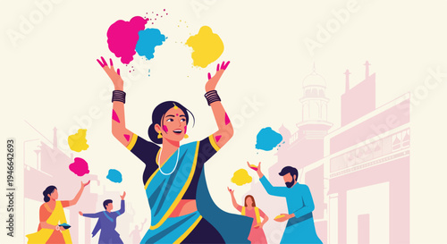 People celebrating happy holi with colorful powders in joyful mood against cityscape background with vibrant hues