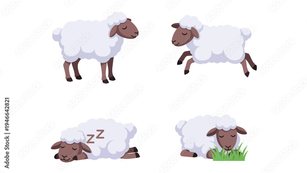 Fototapeta premium Cartoon Sheep Set: Standing, Jumping, Sleeping, and Grazing Farm Animals Vector Illustration